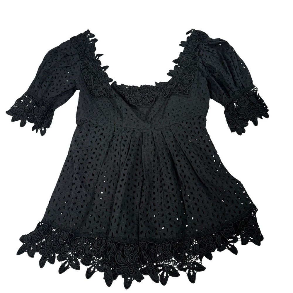 Moda International Black Eyelet Lace Cotton Babydoll Top Puff Sleeve Size 6 - Picture 4 of 8